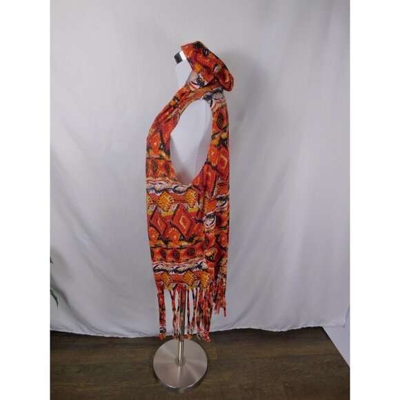 Bohemian Fringe Hooded Vest 1X By Llave Red & Orange Geometric Pattern - Picture 9 of 10